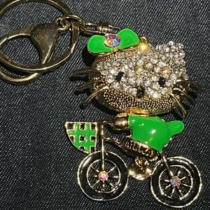 Rhinestone Cat on Bicycle Keychain